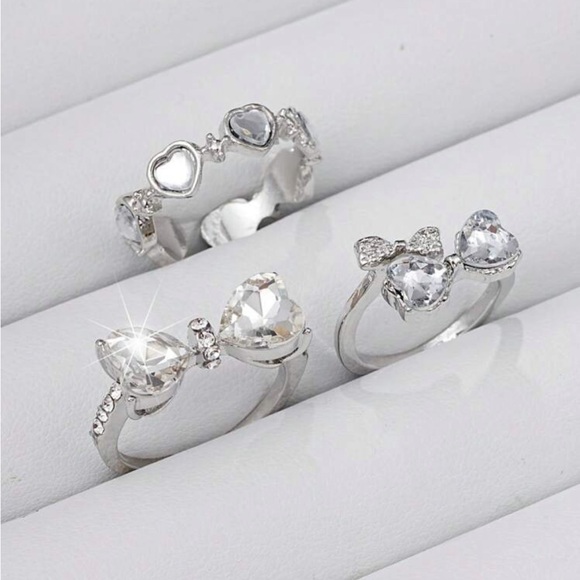 Set of 3 Simple Heart and bow Shaped Rhinestone Ring Set - Picture 6 of 6